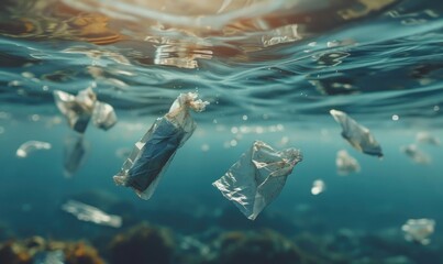 Plastic bags floating in the ocean water, environment and ecology