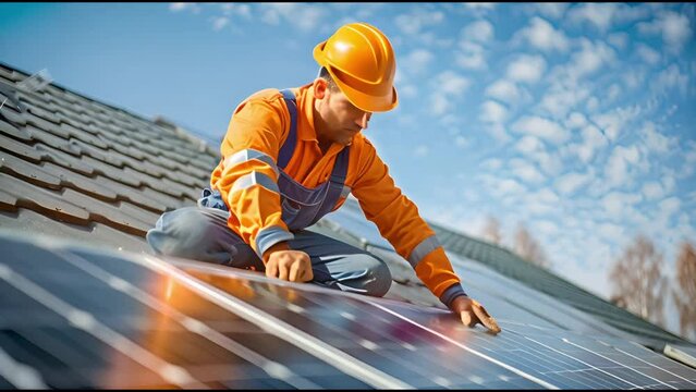 An experienced engineer carefully installing solar panels on the roof, with precision and expertise