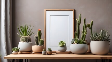 A mock-up picture frame sits on a brown wooden table in a minimalistic room with gorgeous cactus and succulents in potted arrangements. walls in grey