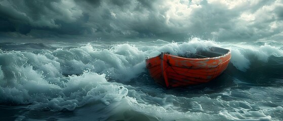 Solo Vessel Braving the Stormy Sea. Concept Adventure, Courage, Sea Voyage, Solo Vessel, Stormy Weather - obrazy, fototapety, plakaty