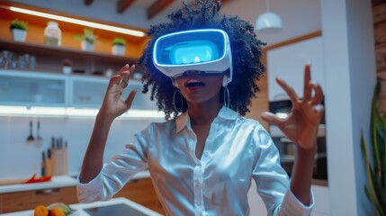 Woman wearing virtual reality headset in kitchen