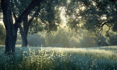 Soft morning sunlight filtering through a dense forest canopy