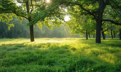 Soft morning sunlight filtering through a dense forest canopy