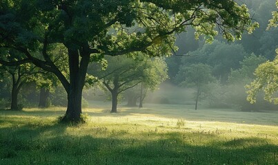 Soft morning sunlight filtering through a dense forest canopy