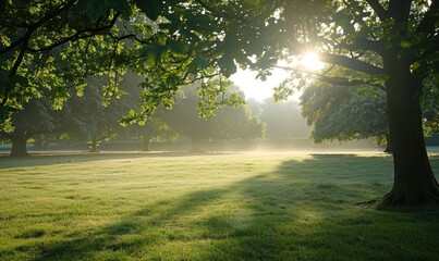 Fototapeta premium Soft morning sunlight filtering through a dense forest canopy