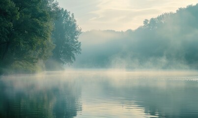 A calm riverside scene with fog rolling over the water in the early morning