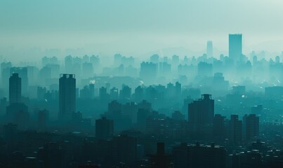 A city skyline obscured by thick smog, Industrial