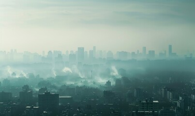 Obraz premium A city skyline obscured by thick smog, Industrial