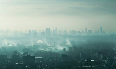 A city skyline obscured by thick smog, Industrial