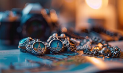 A charm bracelet featuring whimsical charms depicting travel destinations