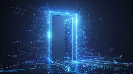 Abstract digital open door in future. Technology portal with bright neon light. Low poly futuristic door in tech blue. Opportunity concept on dark background.