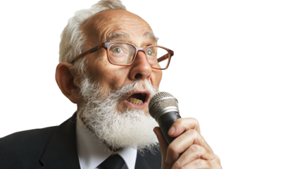 portrait of an old businessman holding microphone isolated on transparent background, experienced businessman sharing his experience, public speaking 