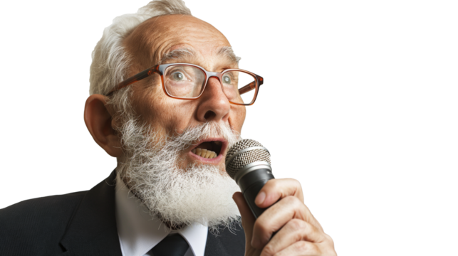 portrait of an old businessman holding microphone isolated on transparent background, experienced businessman sharing his experience, public speaking 