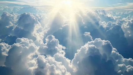 a view of the sky from a plane window with the sun shining through the clouds and the sun shining down