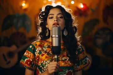 Vibrant Mexican girl vocal singing. Hat latin. Generate Ai