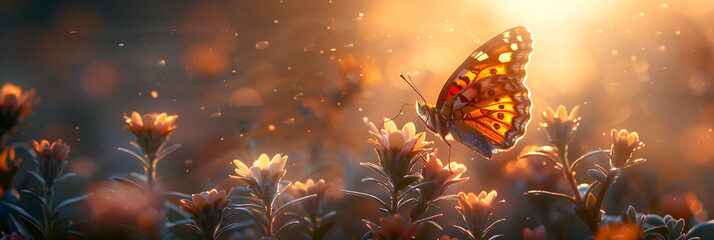 A Butterfly Is on a Branch with the Sun Behind It,
Vibrant butterfly wing in natural outdoor beauty 