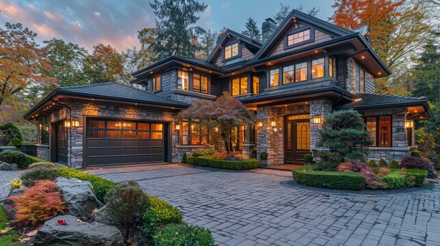 a spacious high end residence with a meticulously designed front yard and driveway leading to the garage located in the suburban area of vancouver canadaphoto illustration