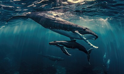 A mother and calf humpback whale swimming together in tropical waters