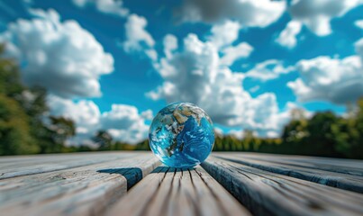 an Earth globe placed on a wooden picnic table with a bright blue sky and fluffy white clouds
