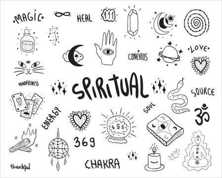 Set of esoteric Clip Art files, Spiritual vector line art illustrations Mystical,meditation, Witchy doodles, occult graphics