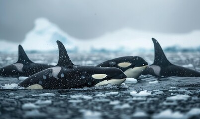Fototapeta premium A pod of orca whales swimming gracefully in icy waters