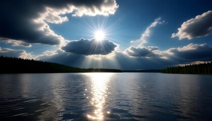 Sun beams coming out of the clouds in a lake creating a reflection..