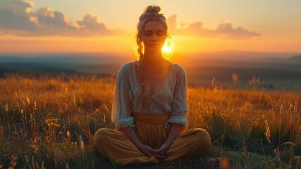 Capture serenity: Young woman meditates in mountain sunset. Harmony, healthy lifestyle, International Yoga Day concept with copy space.