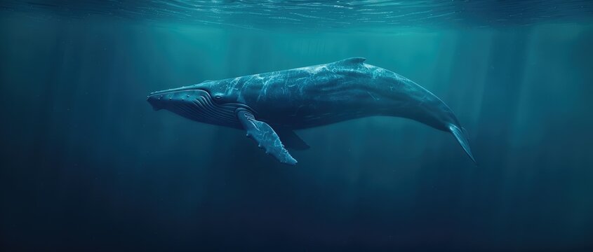 Fototapeta A blue whale gliding effortlessly through the ocean depths