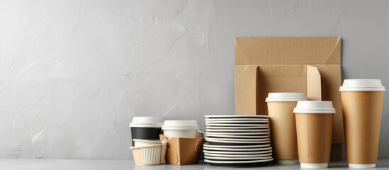 Eco-friendly food packaging items like paper cups, plates, and containers for catering and street...