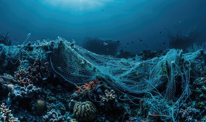 Abandoned fishing nets entangled on a coral reef, underwater background
