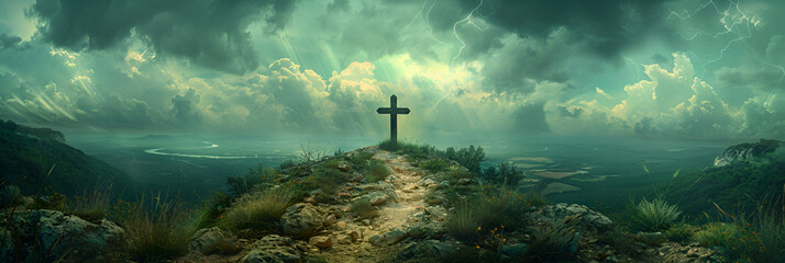 A Cross on a Hill with a Cloudy Sky in the Background ,
A cross stands atop a hill encircled by clouds in the sky