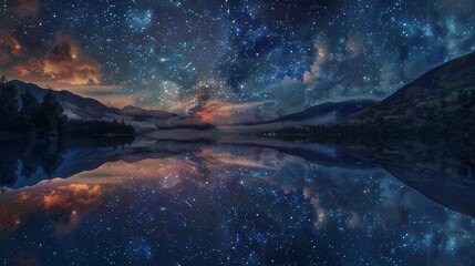 A star-filled sky reflects off the calm waters of a tranquil lake, creating a stunning mirror image...