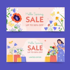 Hand drawn flat spring sale horizontal banner template collection with a woman with shopping bags and flowers