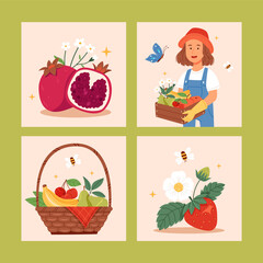 Hand drawn flat fruit harvest square illustration set collection