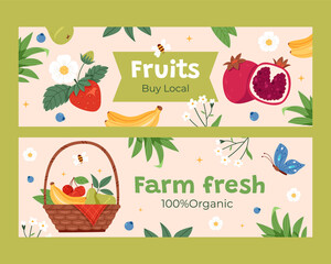 Hand drawn flat fruit harvest horizontal banner template set collection
