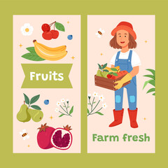 Hand drawn flat fruit harvest vertical banner template set collection