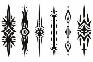 Neo tribal gothic tattoo set, retro futuristic y2k cyber symmetry shapes, vector dark roots branches. Metal music cover print, alien surreal illustration, sword, star grunge clipart. Neo tribal symbol