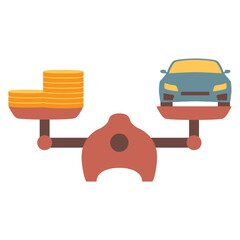 Investment in car.Scales with car and gold coins.Financial scales with car.Automobile and money on scales.Car valuation.The cost of the vehicle and the stack of coins.Sedan price.