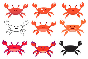 Crab character smiling.Cute cartoon red crab.Vector flat illustration.Underwater crustaceans.Isolated on white background.