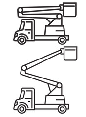 Bucket truck line icon.Bucket boom truck side view.Aerial platform.Crane truck with basket.Bucket boom truck.Picker high lift platform.Vector outline illustration.Isolated on white background.