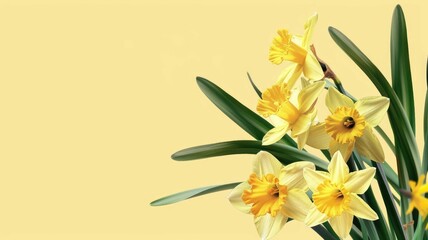 Vibrant Daffodils on a Yellow Background - A bright and cheerful image showcasing a bouquet of vibrant daffodils with lush green leaves set against a warm yellow background