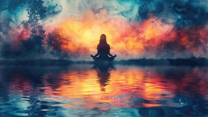 Experience tranquility: Pastel-colored meditation background with a watercolor painting. Women meditate in harmony for International Yoga Day. Ample copy space for postcards and banners."