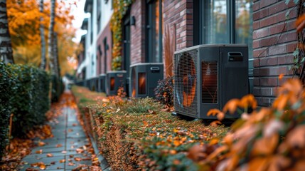 air source heat pump installed in residential building sustainable and clean energy at homeimage illustration - obrazy, fototapety, plakaty