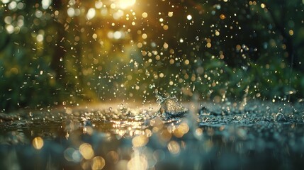 A sudden downpour creates a symphony of sound as water droplets pelt the ground. - obrazy, fototapety, plakaty