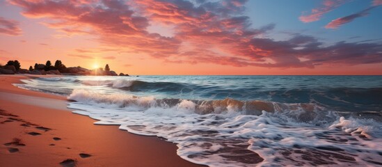 panoramic view of the beach at dusk, with the sunset orange sun