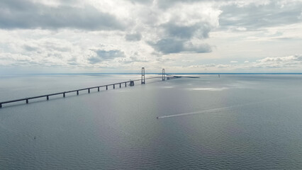 Korser, Denmark. Great Belt Bridge (Storeb?lt). Cloudy weather with gaps, Aerial View