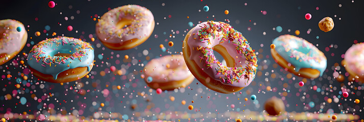 Donuts with colorful sprinkles floating in the air