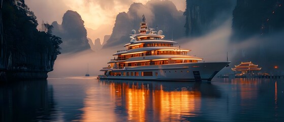 Superyacht Serenity Amidst Ancient Peaks. Concept Yacht Photography, Luxury Travel, Mountain Backdrop, Serene Ocean Views, Exclusive Lifestyle - obrazy, fototapety, plakaty
