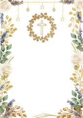 Vector watercolor frame. Baptism. Template space for text, message, greeting cards, invitation, wedding card, save the date, celebration, anniversary, birthday, party, events, holiday, banner, print