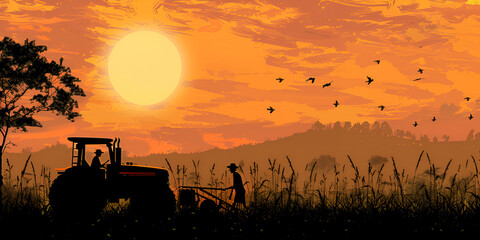 silhouette of a tractor in field